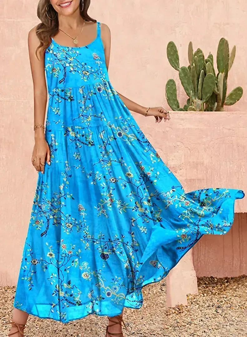 Summer Dresses for Women Casual Loose Bohemian Floral Dress with Pockets Spaghetti Strap Maxi Dress E75