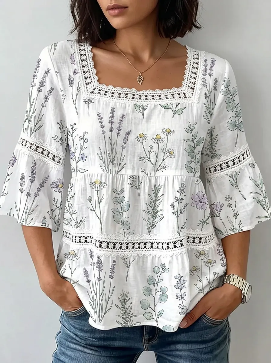 Women's Nashville Floral Botanical Printed Lace Trim Top