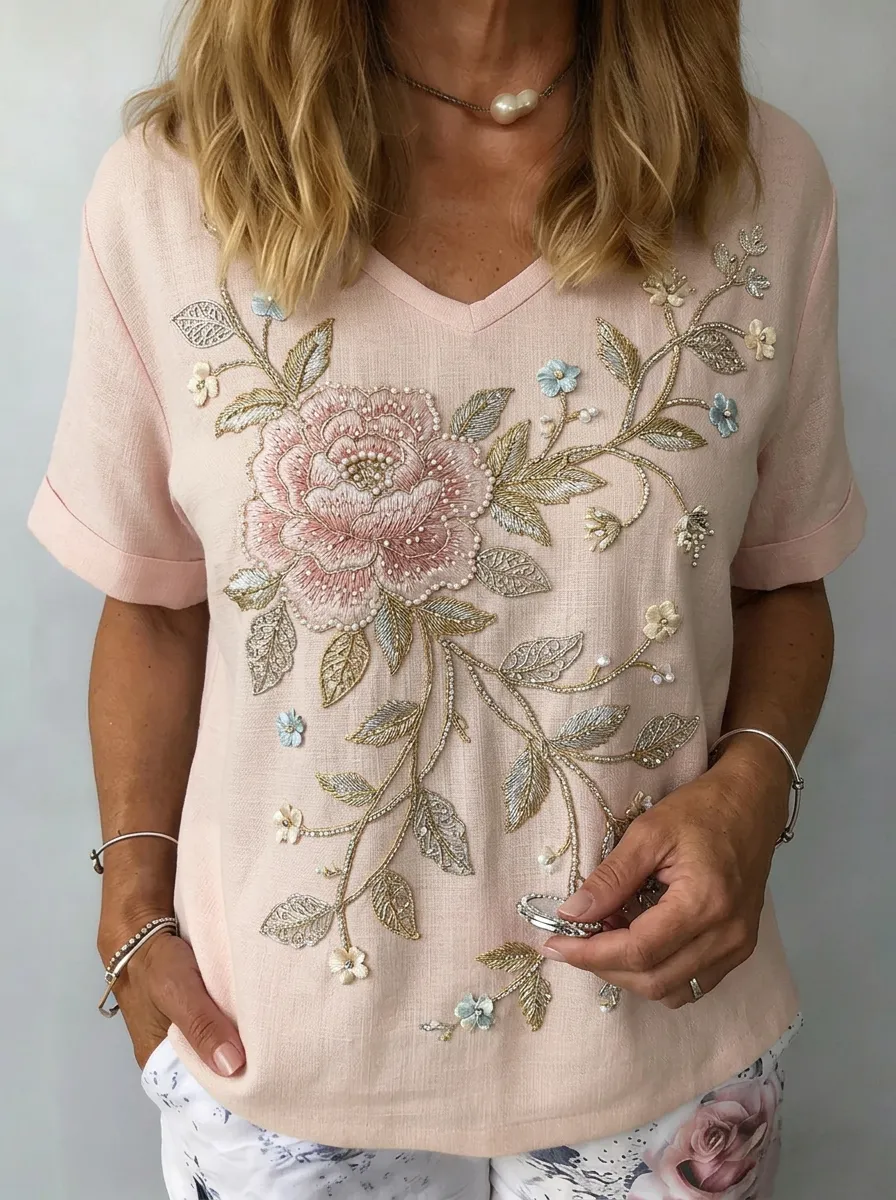 Women's Nashville Floral Embroidery Printed V-Neck Top