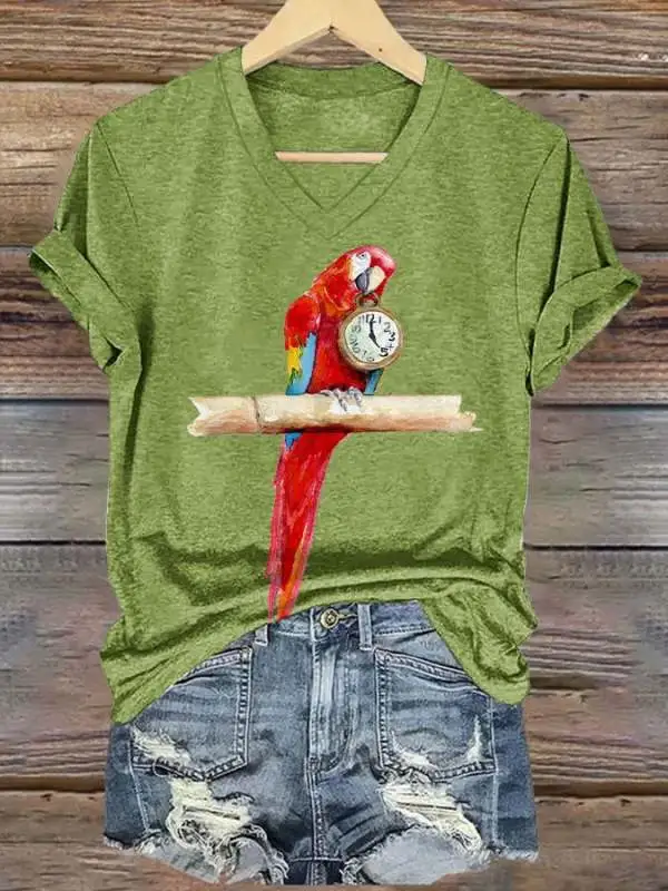 Women's 5 O'clock Parrot Print V Neck T-shirt