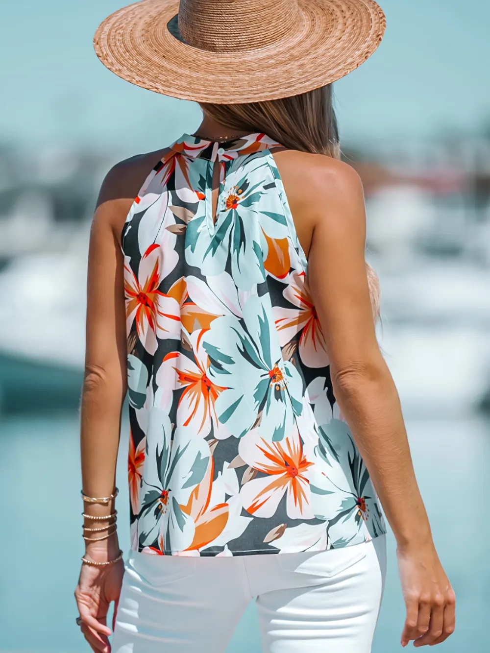 Floral Print Halter Neck Top, Vacation Keyhole Back Sleeveless Plicated Detail Top - Women's Clothing - Summer Vacation, Beachwear - For Women - Stylish & Comfortable - Perfect Gift for Her