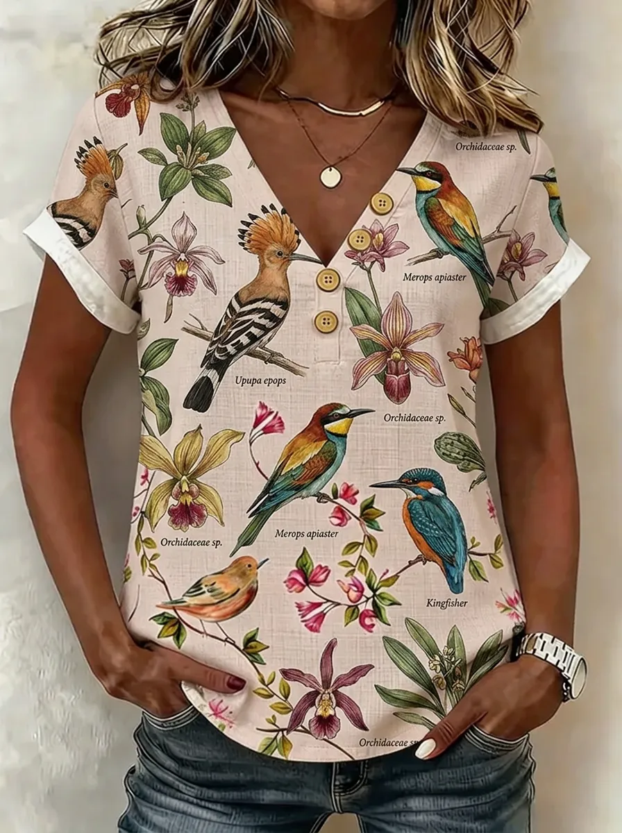 Women's Nashville Nature Lover Bird and Orchid Printed V-neck Top