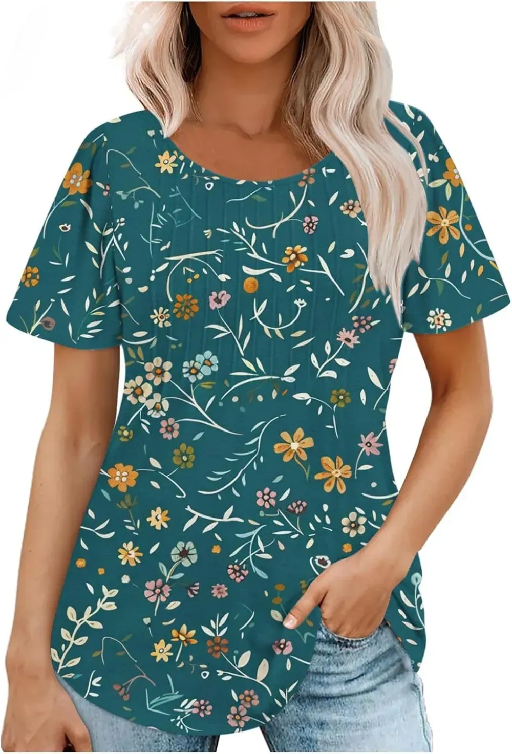 Womens Summer Pleated Front Shirts Tunics Casual Short Sleeved Loose Round Neck Boho Printed Tops Vacation Blouse