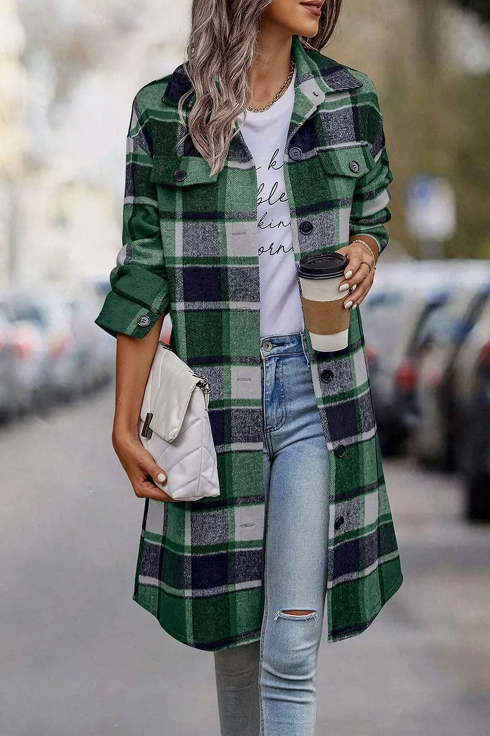Women's Plaid Shacket 2023 Long Sleeve Button Up Flannel Shirt Winter Tartan Jacket Woolen Coats