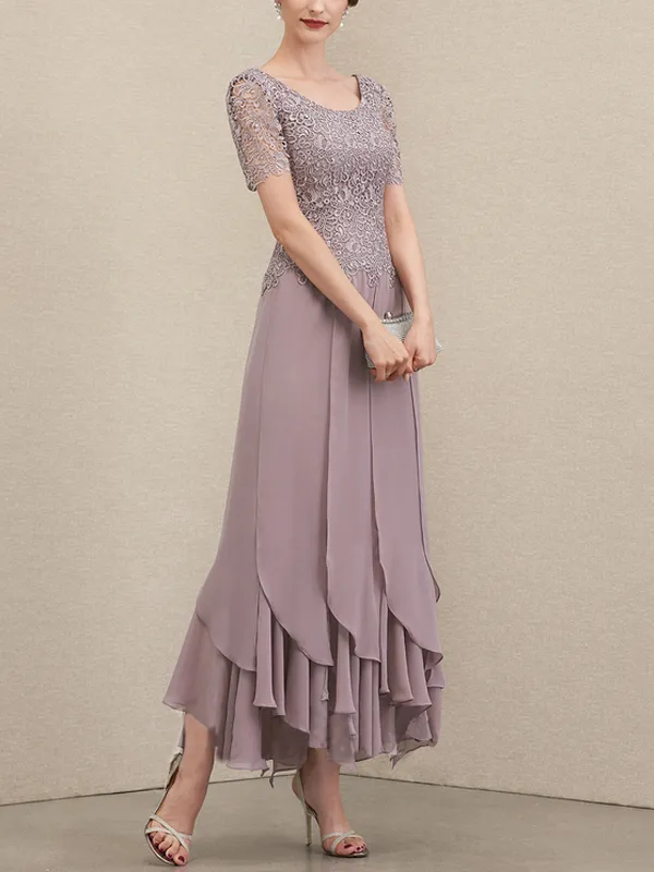 A-Line Scoop Neck Ankle Chiffon Lace Bridal Mom Gown with Layered Ruffles