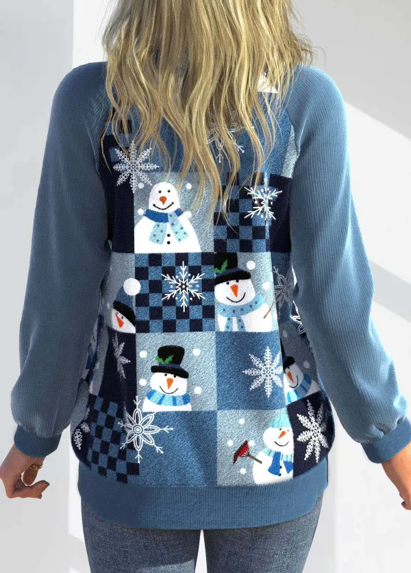 Blue Patchwork Christmas Print Long Sleeve Cardigan