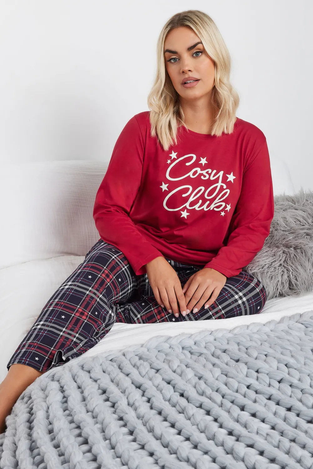 YOURS Curve Red 'Cosy Club' Check Print Wide Leg Pyjama Gift Set