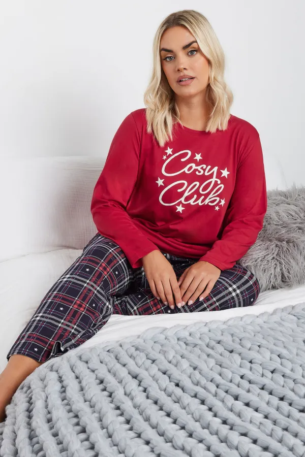 YOURS Curve Red 'Cosy Club' Check Print Wide Leg Pyjama Gift Set