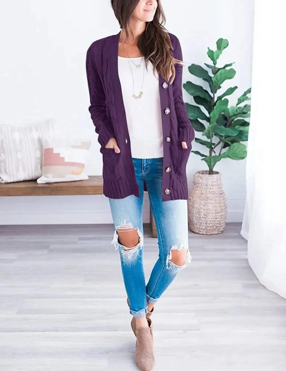 MEROKEETY Women's 2024 Fall Long Sleeve Cable Knit Sweater Open Front Cardigan Button Loose Outerwear