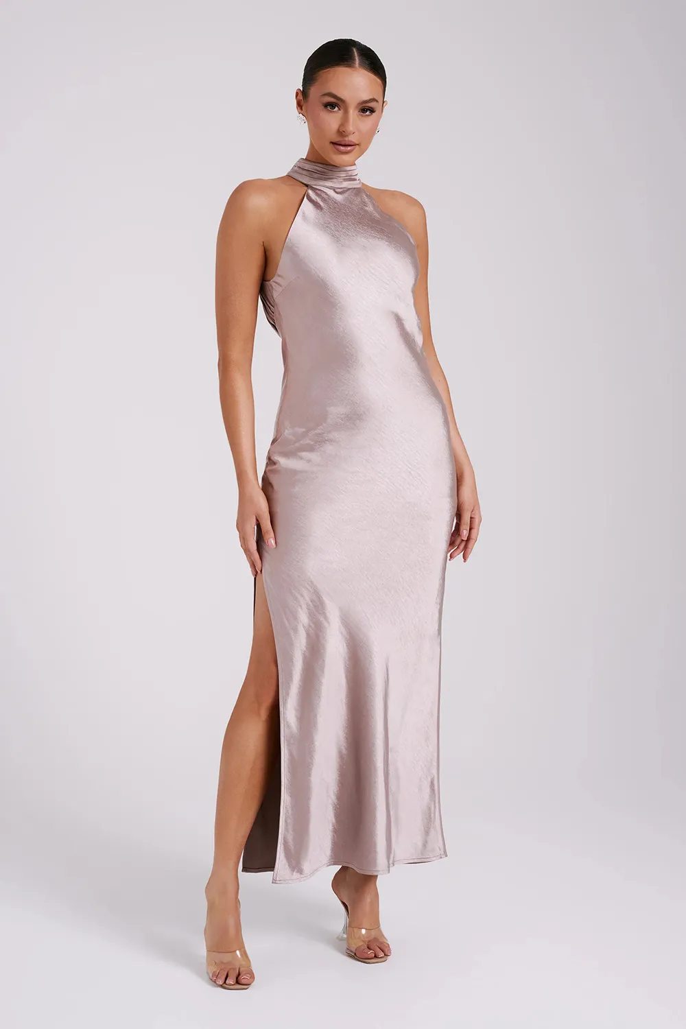 Satin Drape Back Maxi Dress with Split - Black