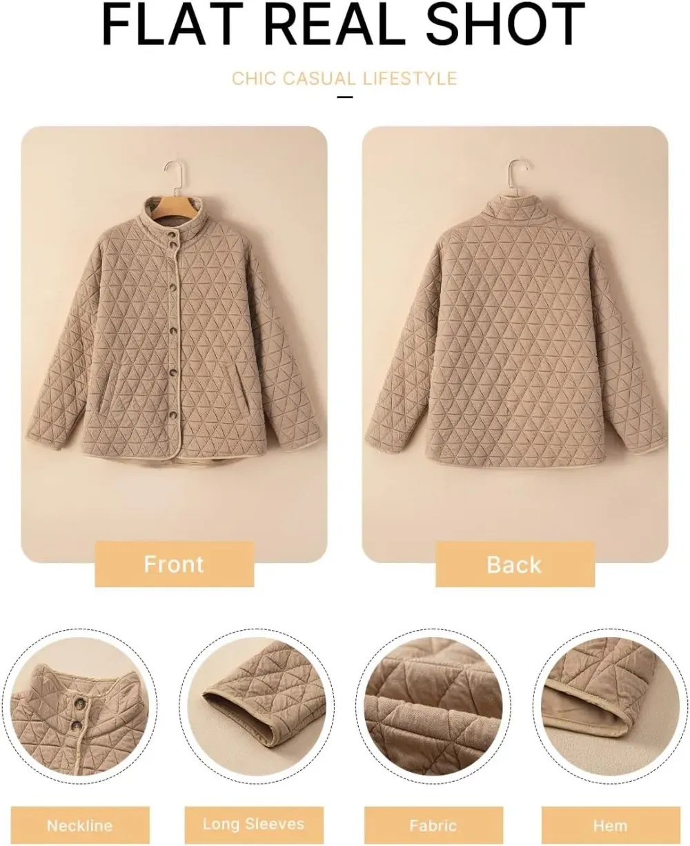 Women's Lightweight Diamond Quilted Jacket Casual Winter Open Front Button Down Puffer Coat Outwear Cardigan