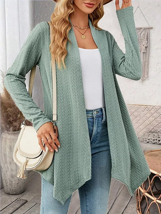Women's Cardigan Open Front Waffle Knit Asymmetric Hem Spring Fall Daily Elegant Casual Long Sleeve Solid Color Plain Pink Green