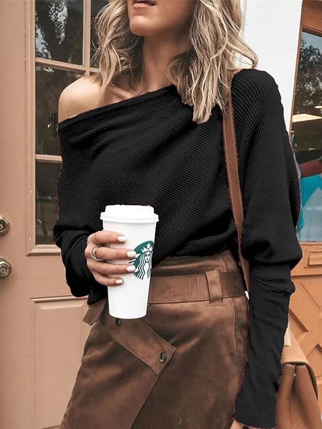 Women's Pullover Sweater jumper Jumper Knit Knitted Solid Color Boat Neck Basic Stylish Outdoor Home Winter Fall Gray White S M L / Long Sleeve / Casual / Going out / Loose Fit