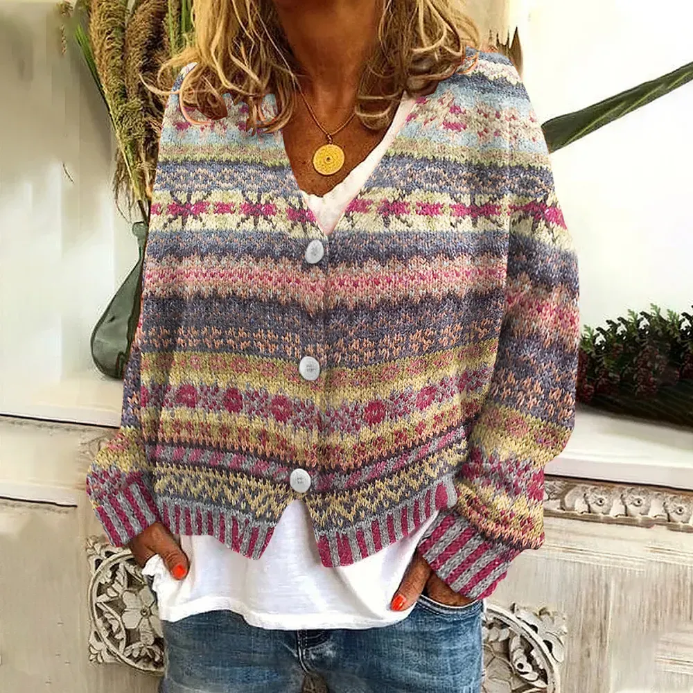 Vintage Fairman Island Knit Jacquard V Neck Button Down Cardigan