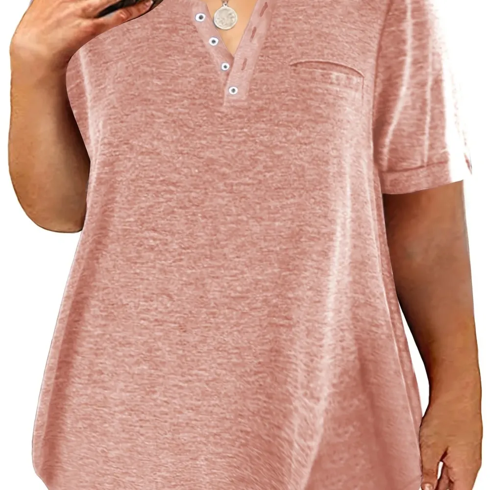Plus Size Button Front Short Sleeve T-shirt, Women's Plus Slight Stretch Casual Tee