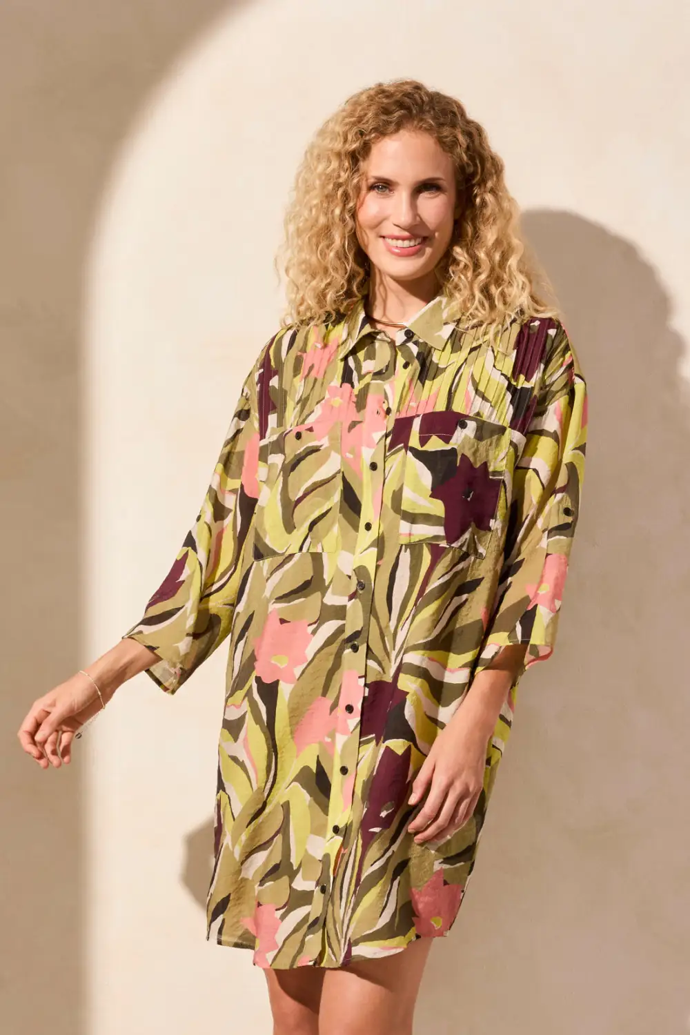 Flowy Pin Tuck Dress With Roll-Up Sleeves-Dunegrass