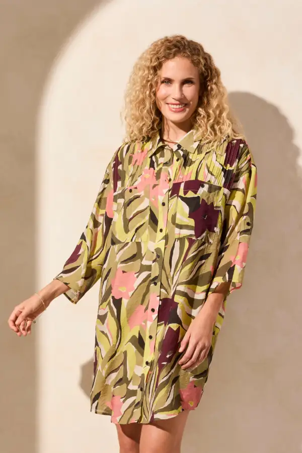 Flowy Pin Tuck Dress With Roll-Up Sleeves-Dunegrass