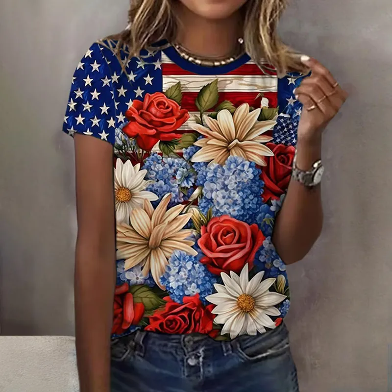Women's Red White Blue Floral Flag Print Round Neck T-shirt