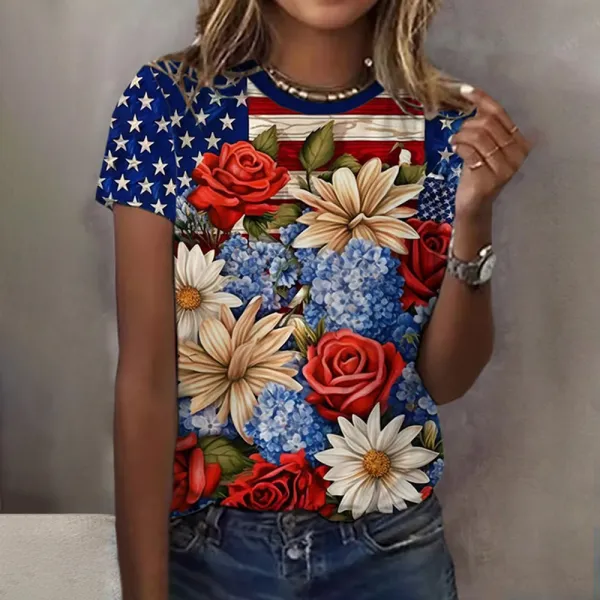 Women's Red White Blue Floral Flag Print Round Neck T-shirt