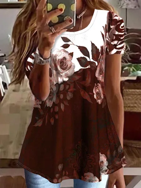 Crew Neck Floral Color Block Casual Tunic Tops