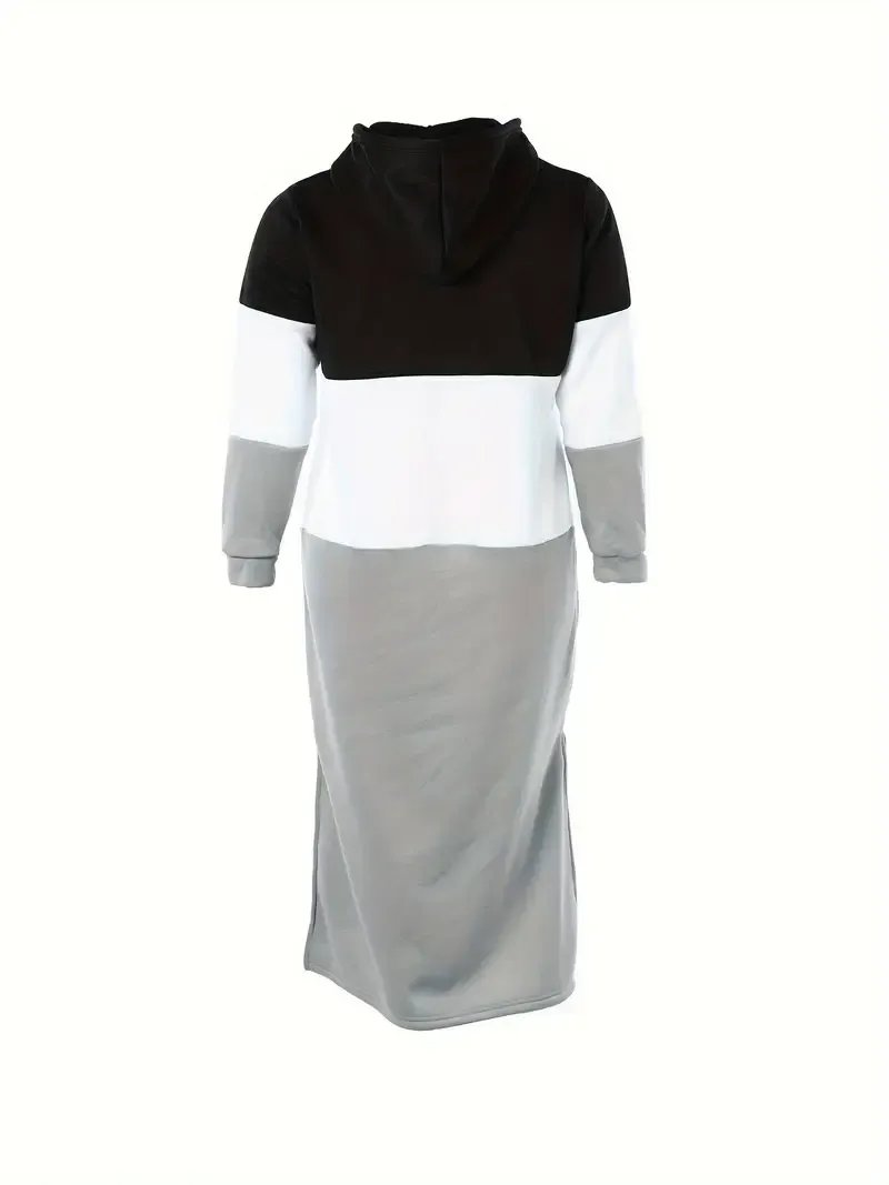 [Popular Choice] Color Block Hooded Sweatshirt Dress with Slit Detail, Knit Polyester and Spandex Blend, Machine Washable - Ideal for Spring/Summer/Fall