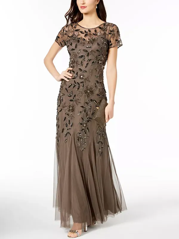 Round neck solid sequin midi dress