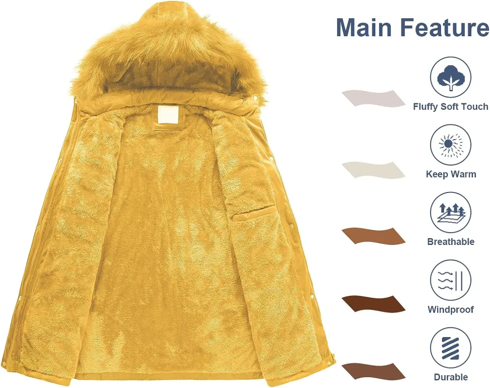 Women's Warm Winter Coat Velvet Puffer Jacket Quilted Faux Fur Hood