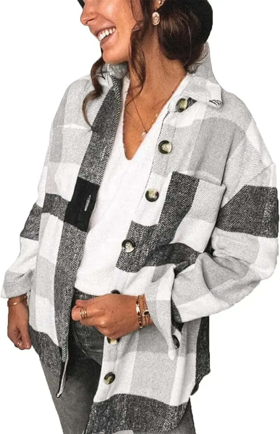 Women's 2023 Fall Clothes Plaid Shacket Jacket Long Sleeve Button Down Flannel Shirts Fashion Blouse