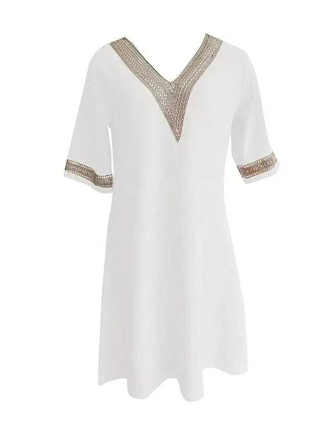 Women's Cotton Linen Dress Casual Dress Shift Dress Midi Dress Cotton And Linen Fashion Modern Outdoor Daily Vacation V Neck Patchwork Half Sleeve Summer Spring 2023 Regular Fit Gray Plain 3XL