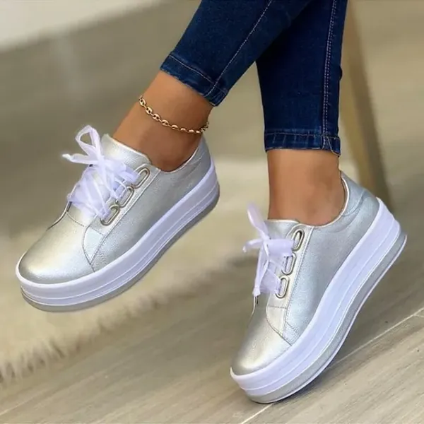 Women's Sneakers White Shoes Plus Size Platform Sneakers Daily Summer Spring Fall Platform Flat Heel Round Toe Sporty Casual Walking Shoes PU Lace-up Solid Color Silver Dark Red Black