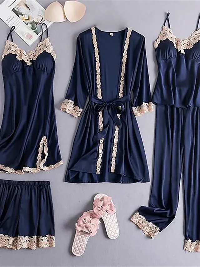 Women's Pajamas Robes Gown Nightgown Pajama Top and Pant 5 Pieces Pure Color Fashion Casual Soft Home Daily Bed Polyester Breathable Straps Long Sleeve Summer Fall Black Pink