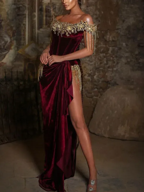 Metallic Gold Velvet Temperament Women's Dress