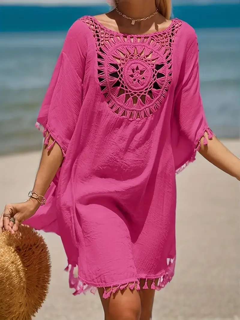 Tassel Decor Cover Up Dress, Round Neck Loose Fit Crochet Decor Beach Kaftan, Women's Swimwear & Clothing for carnival & Music Festival For Holiday