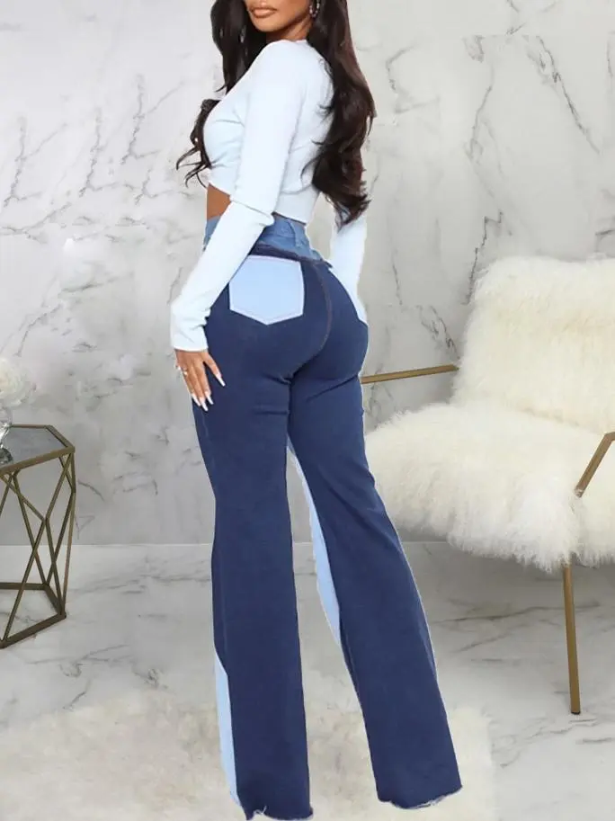 Stitching Washed Denim Stretch Slim Flared Pants