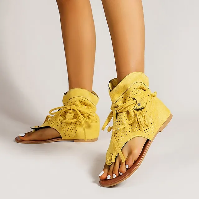 Women's Sandals Flat Sandals Gladiator Sandals Roman Sandals Outdoor Daily Beach Summer Lace-up Flat Heel Open Toe Vintage Casual Canvas Synthetics Loafer Solid Color Solid Colored Black Yellow Brown