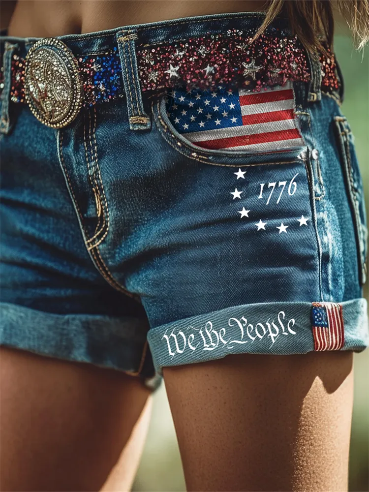 Independence Day 1776 American Flag Denim Shorts