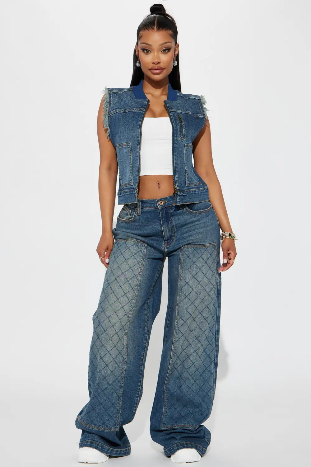 Midnight Streets Quilted Wide Leg Utility Jeans - Dark Wash