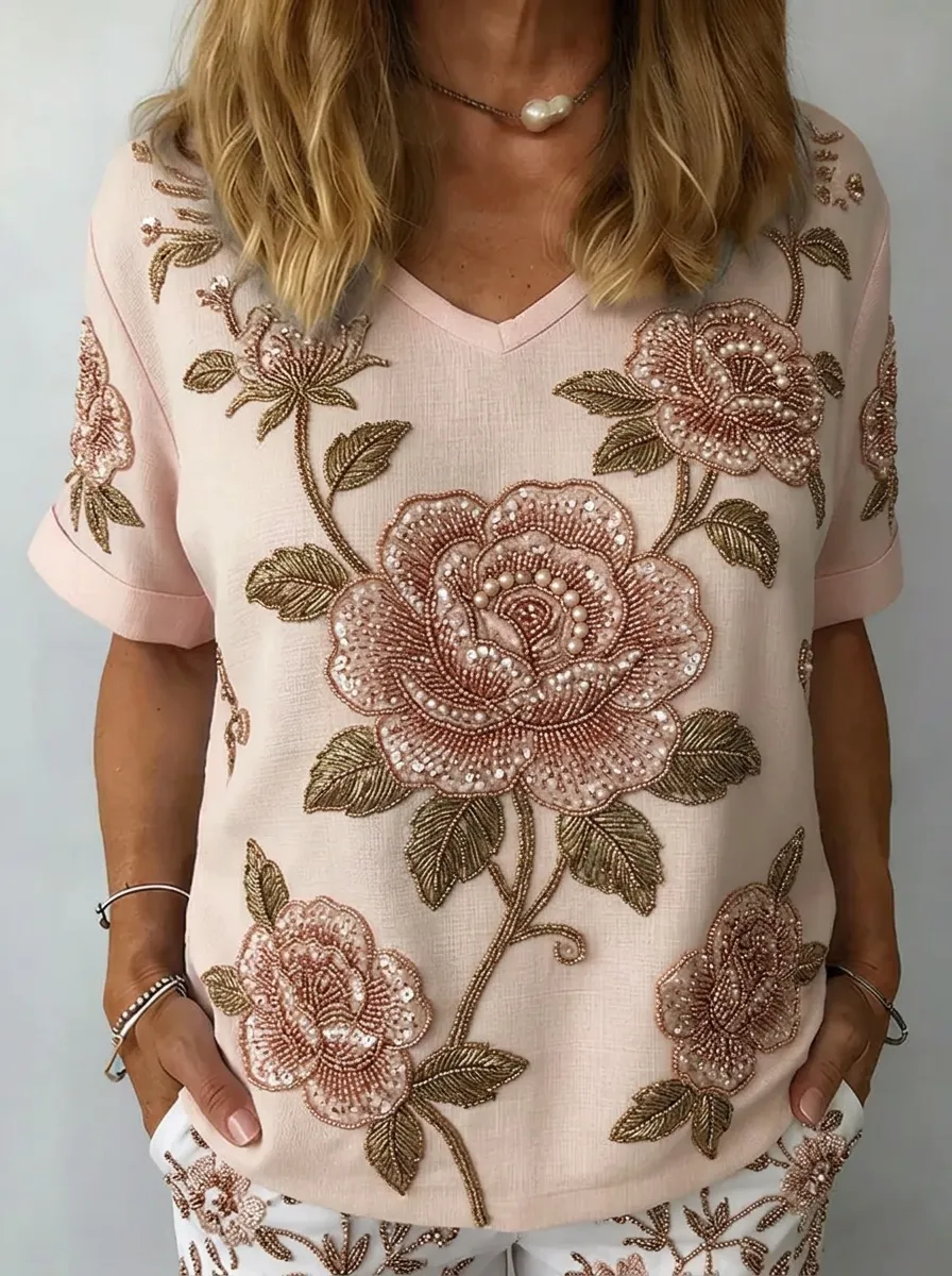 Women's Nashville Floral Beaded Rose Embroidered V-neck Top