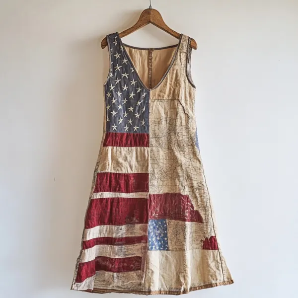 Vintage American Flag & Map Inspired Patchwork Linen Tank Dress