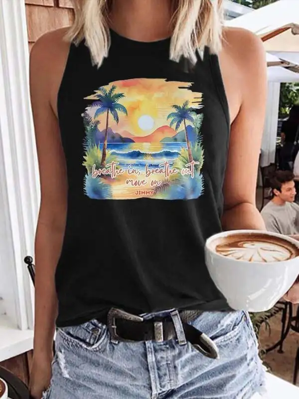 Retro Breathe In, Breathe Out, Move On Print Tops Tank
