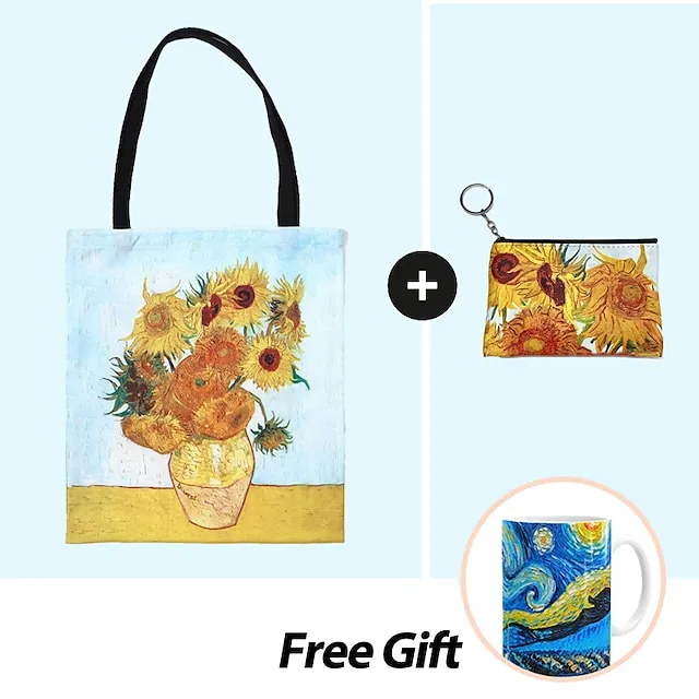 Women's Tote Shoulder Bag Canvas Tote Bag Canvas Shopping Daily Flower Print Large Capacity Foldable Durable Color Block Flower sunflower Starry Night Apricot blossom