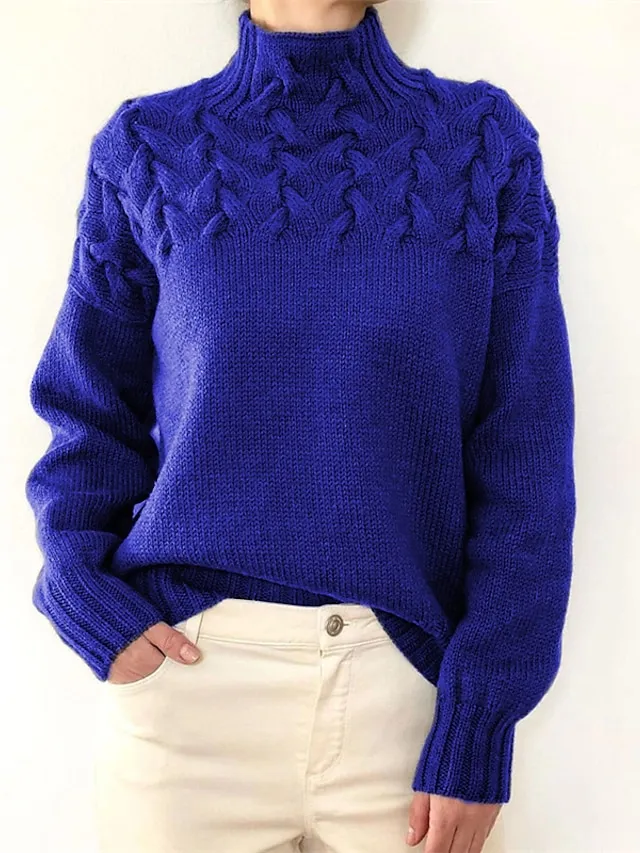Women‘s Christmas Pullover Sweater Jumper Turtleneck Cable Knit Acrylic Braided Fall Winter Outdoor Daily Going out Xmas Stylish Casual Soft Long Sleeve Pure Color Maillard Black Pink Red S M L
