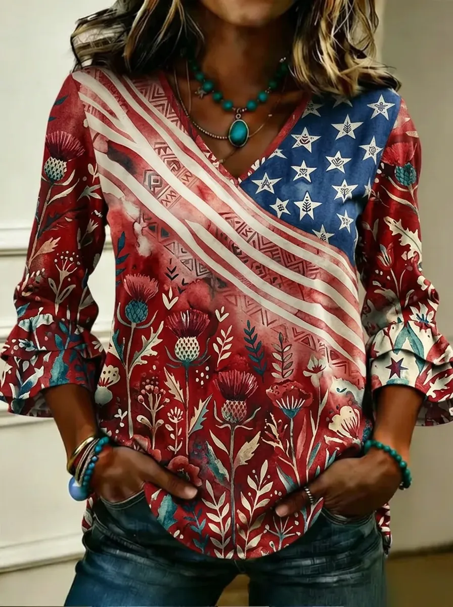 Women's Nashville USA Flag Thistle Floral Printed V-Neck Top