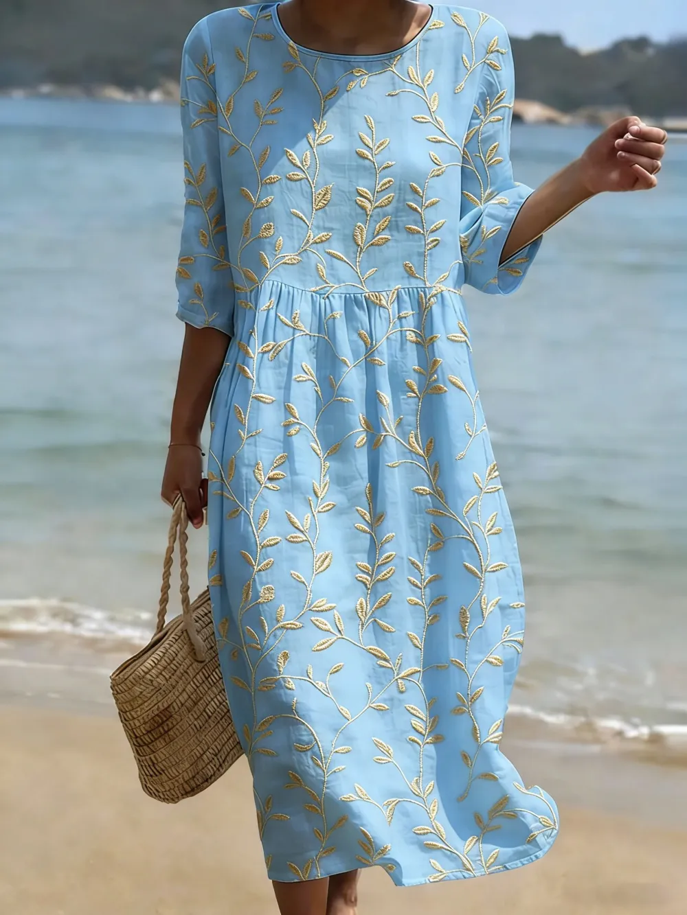 Women's Casual Plant Leaf Printed Cotton And Linen Dress