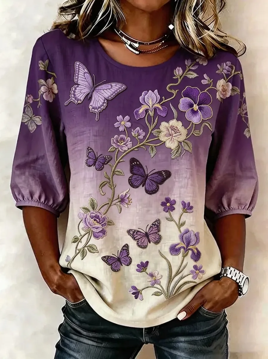 Women's Nashville Floral Butterfly Printed Ombre Top