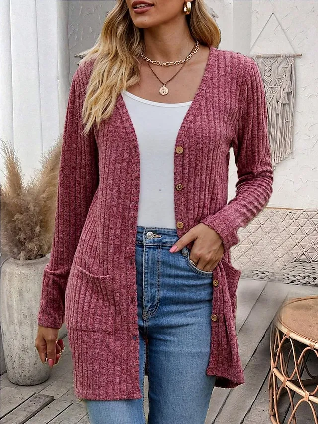 Women's Cardigan Asymmetrical V Neck Ribbed Knit Button Pocket Twisted Spring Fall Daily Casual Long Sleeve Solid Color Plain Wine Army Green