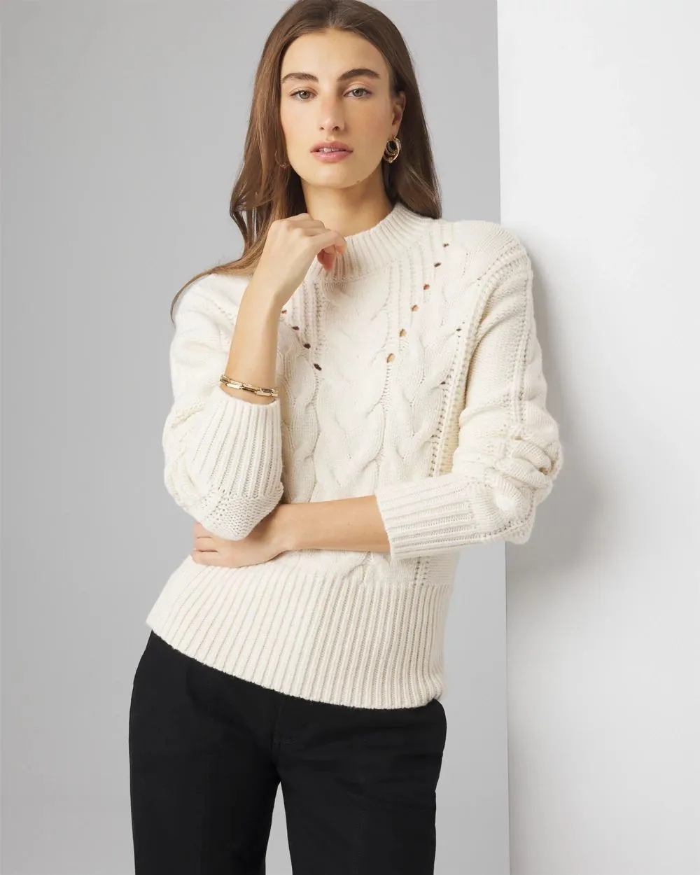 Cabled Mock Neck Pullover Sweater