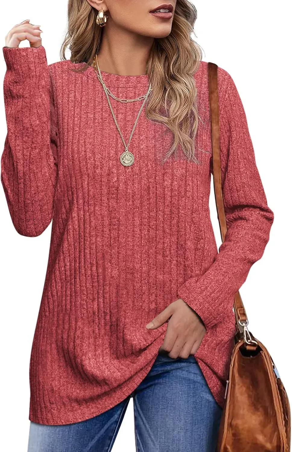 OFEEFAN Long Sleeve Shirts for Women Lightweight Crew Neck Casual Tunic Tops