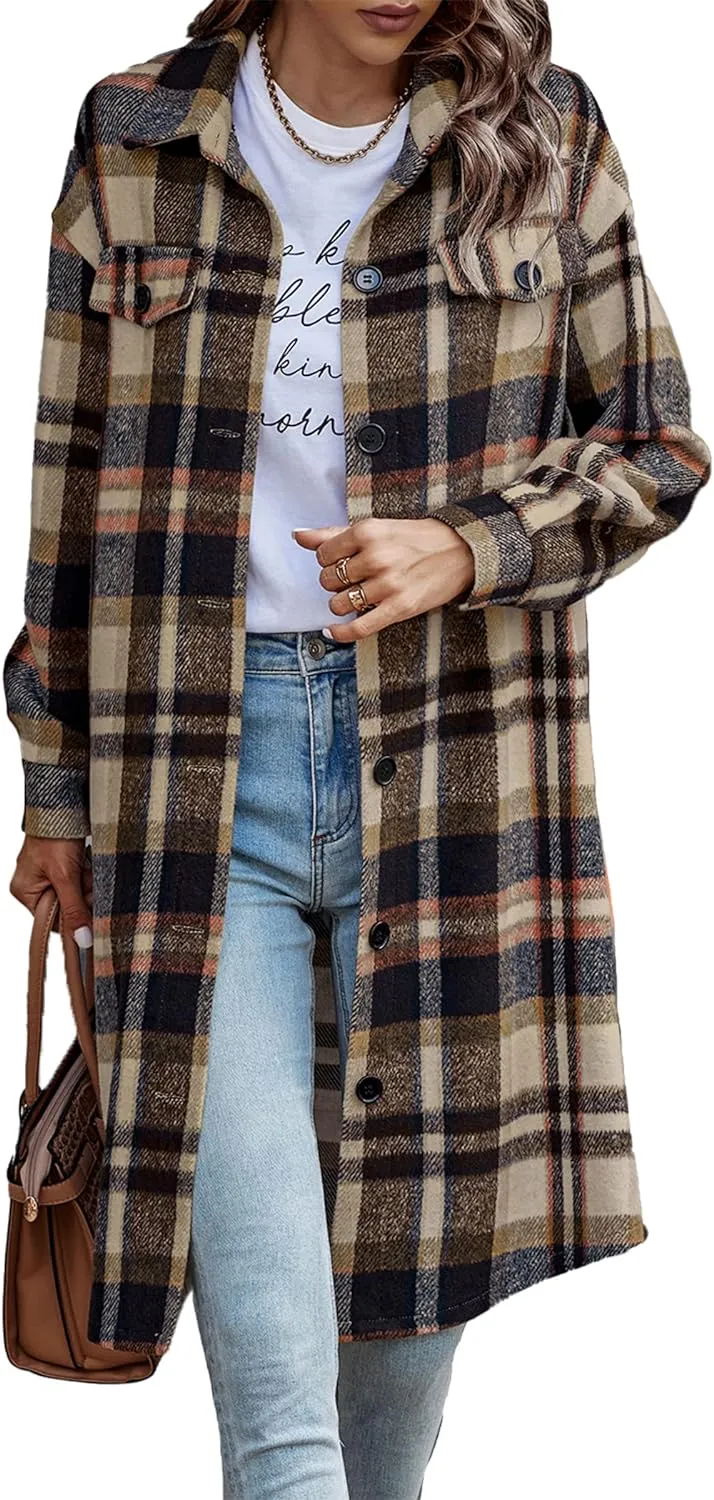 Women's Plaid Shacket 2023 Long Sleeve Button Up Flannel Shirt Winter Tartan Jacket Woolen Coats