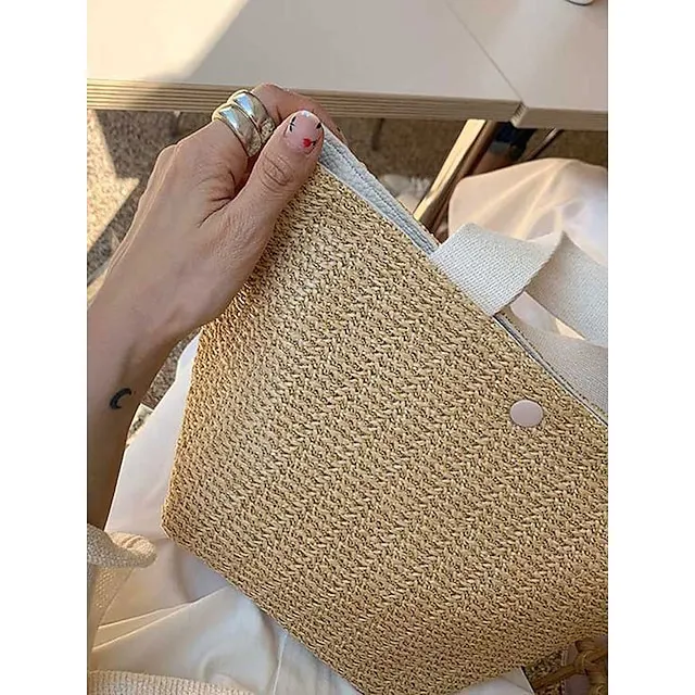 Women's Top Handle Bag Straw Daily Going out Pearls Geometric Black White